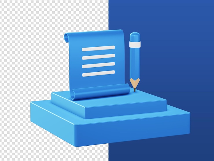 PSD dibujos animados en 3d que representan iconos de lápiz de notas de papel de pergamino azul con podio para diseños de aplicaciones móviles web ui ux