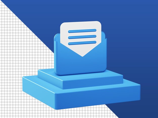 Dibujos animados en 3d que representan iconos de mensajes de bandeja de entrada de correo azul con podio para diseños de anuncios de aplicaciones móviles web UI UX