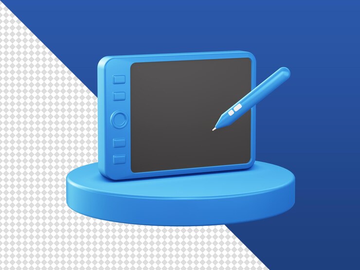 PSD dibujos animados en 3d que representan iconos de tableta de lápiz de dibujo brillante con podio para diseños de aplicaciones móviles web ui ux
