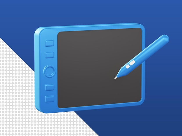 Dibujos animados en 3d que representan iconos de tableta de lápiz de diseño gráfico azul para diseños de anuncios de aplicaciones móviles web ui ux