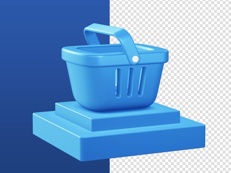 PSD dibujos animados en 3d representan iconos azules del carrito de la compra con podio para diseños de anuncios de aplicaciones móviles web ui ux