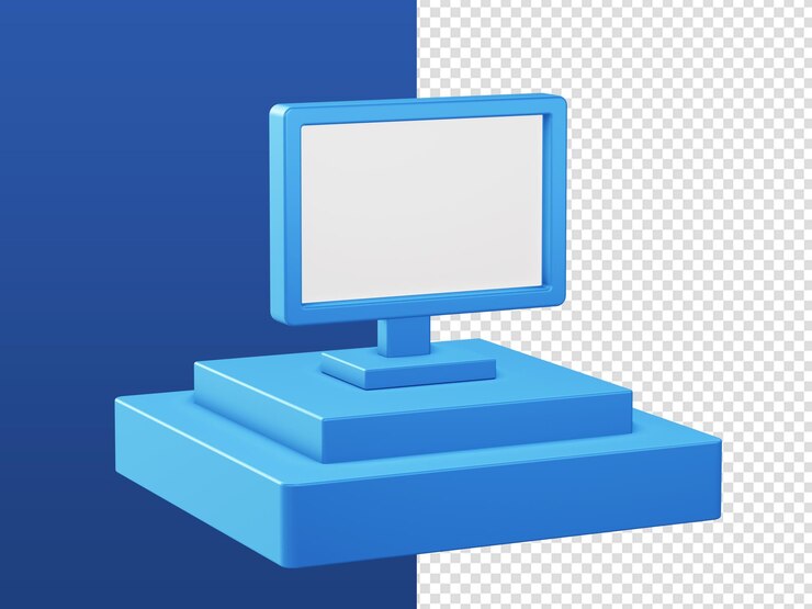 PSD dibujos animados en 3d representan iconos de computadora de escritorio azul con podio para diseños de anuncios de aplicaciones móviles web ui ux