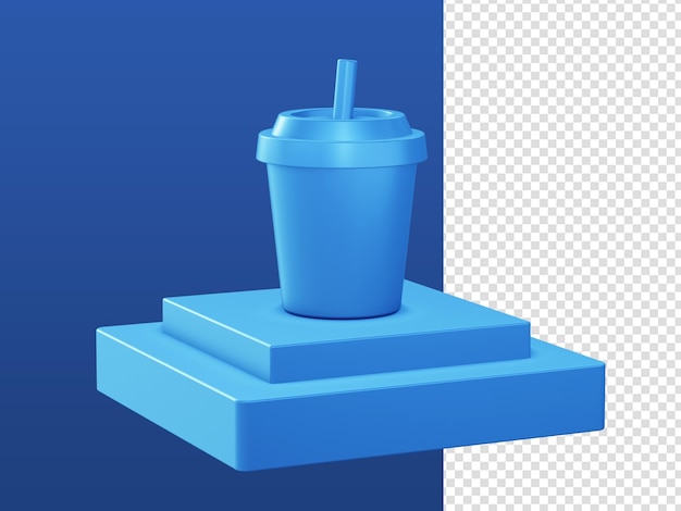 Dibujos animados en 3D representan iconos de copa de bebida azul con podio para diseños de anuncios de aplicaciones móviles web UI UX