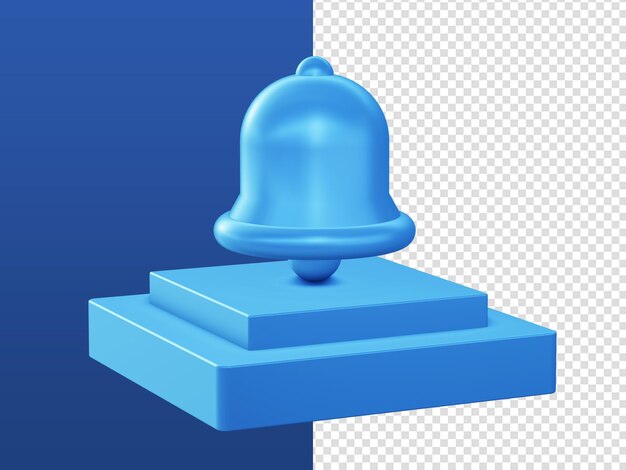 Dibujos animados en 3D representan iconos de notificación de campana azul con podio para diseños de anuncios de aplicaciones móviles web UI UX