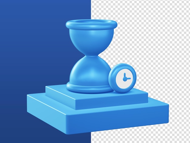 Dibujos animados en 3D representan iconos de reloj de arena azul con podio para diseños de anuncios de aplicaciones móviles web UI UX