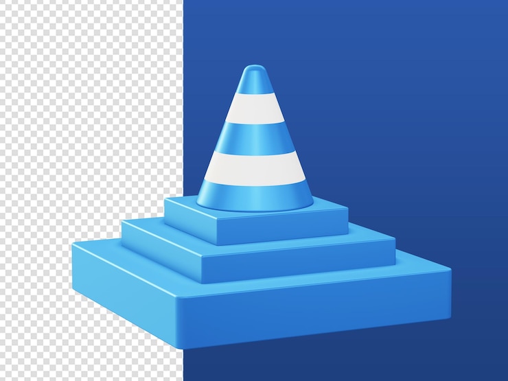 PSD dibujos animados en 3d representan iconos de signo de cono de tráfico azul con podio para diseños de anuncios de aplicaciones móviles web ui ux