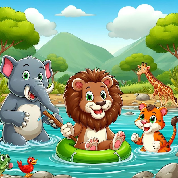 PSD dibujos animados de animales con fondo de río