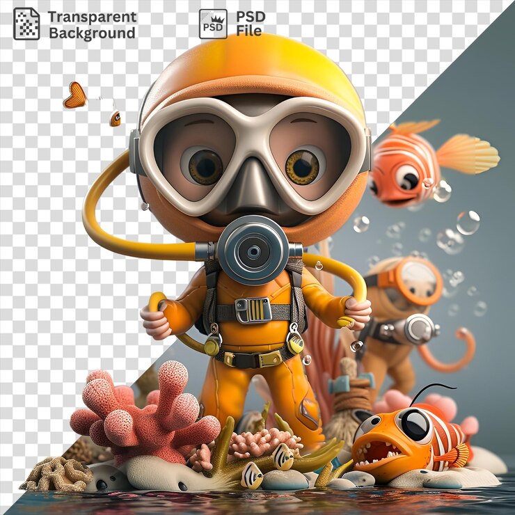 PSD dibujos animados de buzo 3d que interactúan con la vida marina, incluidos peces naranja amarillos y naranjas y un juguete amarillo mientras llevan una máscara plateada y gris y cinturón negro