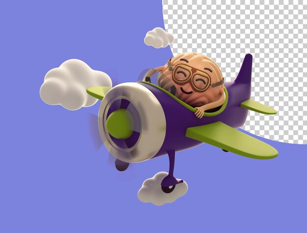 Dibujos animados de cerebro en un avión 3d render ilustración