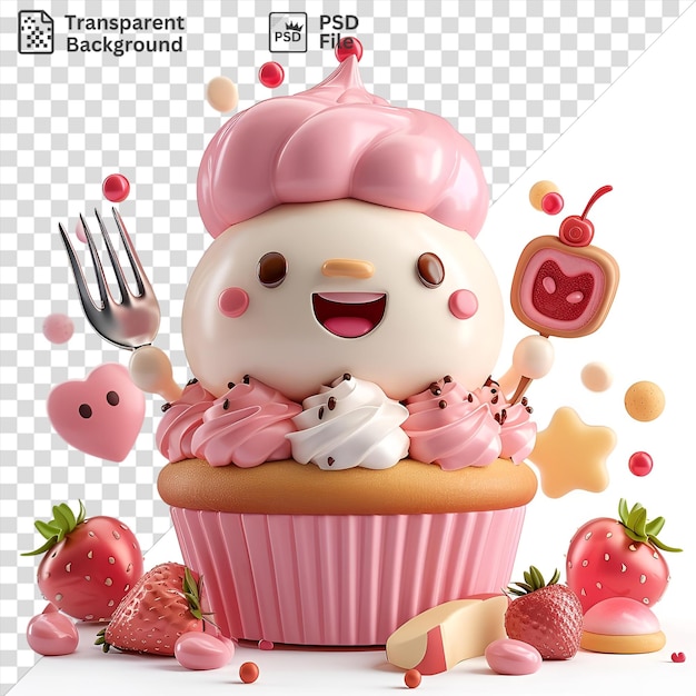 Dibujos animados de chef de pastelería en 3d creando deliciosos postres con un tenedor de plata rodeado de fresas frescas y una cara blanca