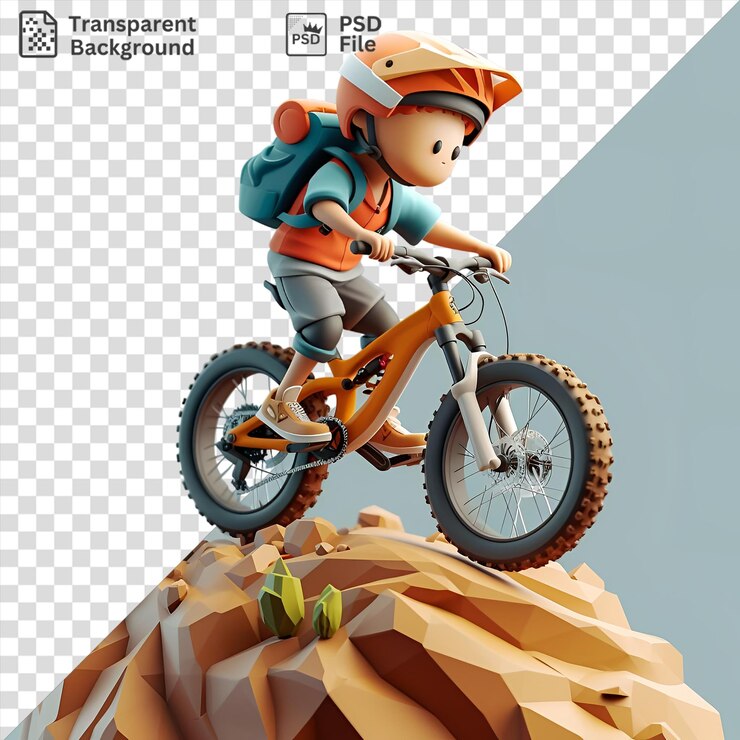PSD dibujos animados de ciclistas de montaña 3d aislados conquistando senderos escarpados bajo un cielo azul con un casco naranja y montando una bicicleta naranja con una rueda negra