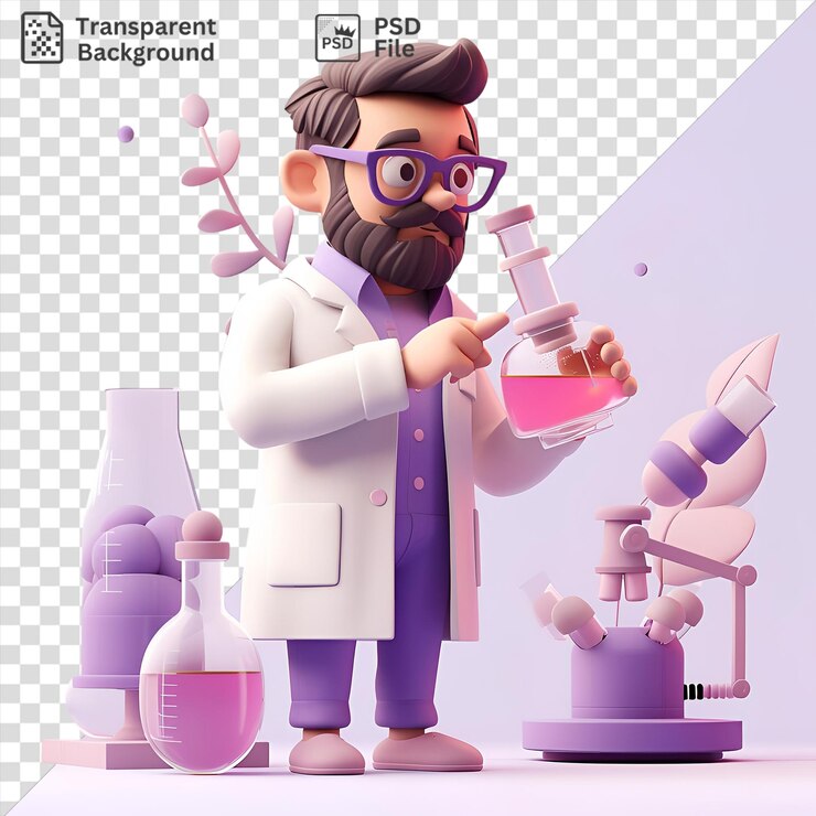PSD dibujos animados de científicos en 3d que llevan a cabo experimentos innovadores en un laboratorio