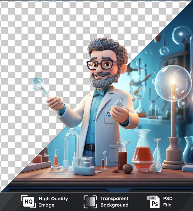 PSD dibujos animados de científicos en 3d realizando experimentos ilustración en 3d