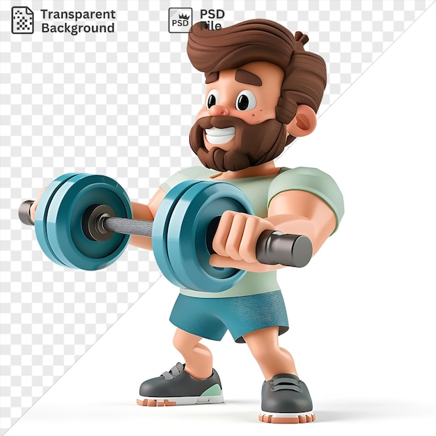 Dibujos animados de entrenadores de fitness 3d que lideran una sesión de entrenamiento dinámico con un juguete y pantalones cortos azules en primer plano y un brazo y una mano doblados en el fondo