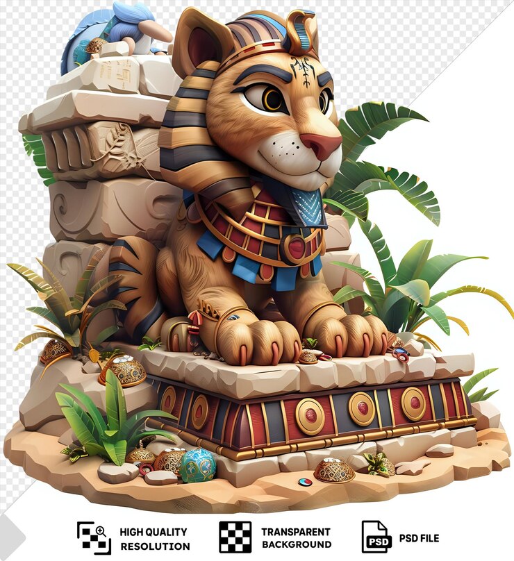 PSD dibujos animados de esfinge en 3d guardando un tesoro en un oasis escondido