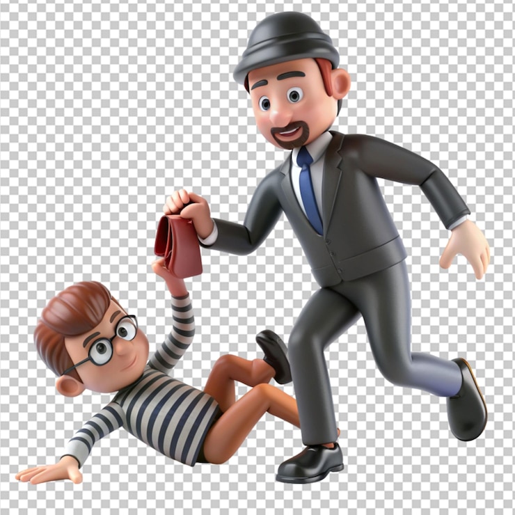 PSD dibujos animados de estafadores en 3d engañando a una víctima sobre un fondo transparente