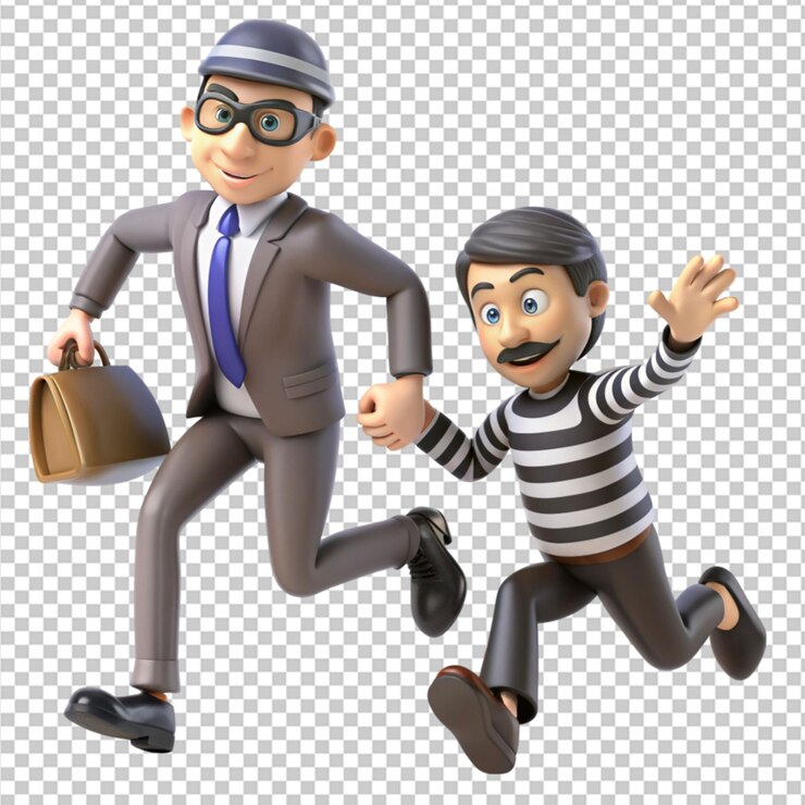 PSD dibujos animados de estafadores en 3d engañando a una víctima sobre un fondo transparente
