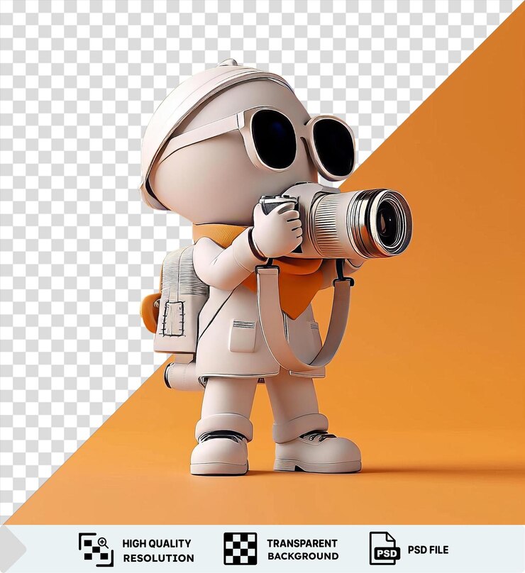 PSD dibujos animados de fotógrafos 3d aislados capturando momentos con un brazo y una pierna de juguete blanco