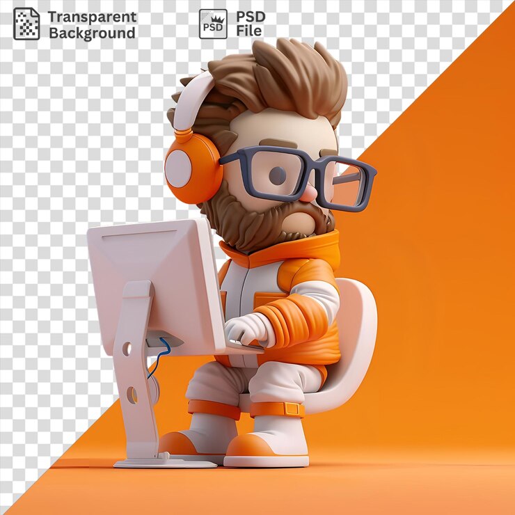 PSD dibujos animados de hackers 3d hackeando una computadora con auriculares en