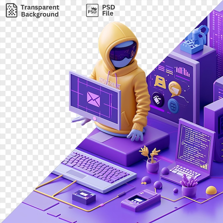 PSD dibujos animados de hackers psd 3d infiltrándose en una red de dispositivos electrónicos incluyendo una caja púrpura teclado blanco y juguete púrpura mientras lleva un casco amarillo
