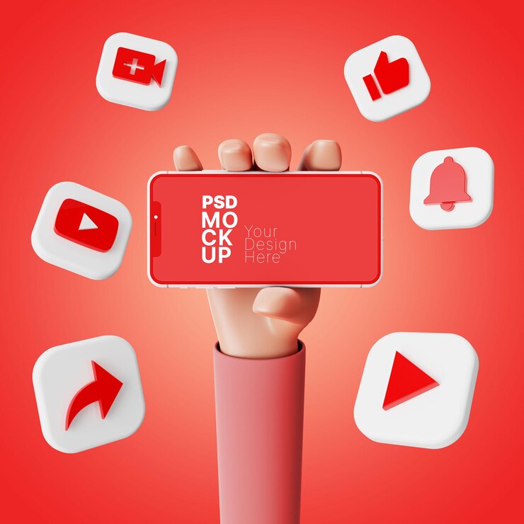 PSD dibujos animados de mano 3d con smartphone de paisaje con icono de youtube