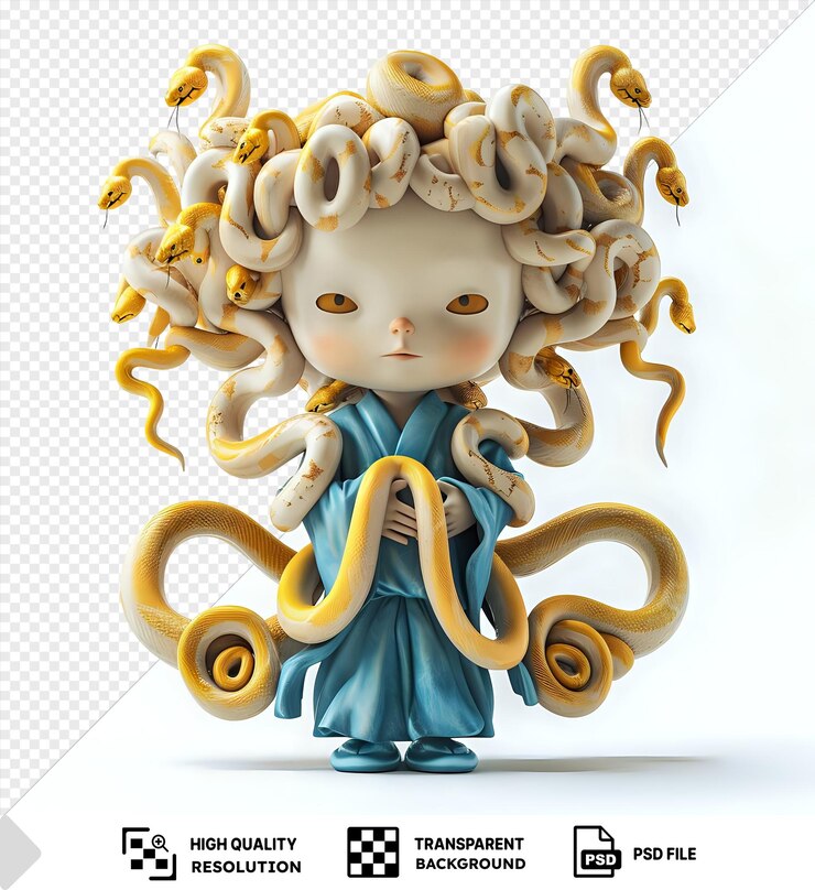 PSD dibujos animados de medusa en 3d con serpientes por el pelo convirtiendo estatuas en oro
