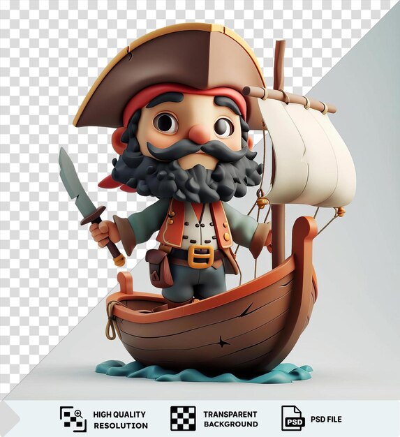 PSD dibujos animados de piratas psd 3d navegando por los mares con un cuchillo plateado afilado con un sombrero marrón y sosteniendo un juguete contra un fondo de cielo blanco con un ojo negro visible en primer plano