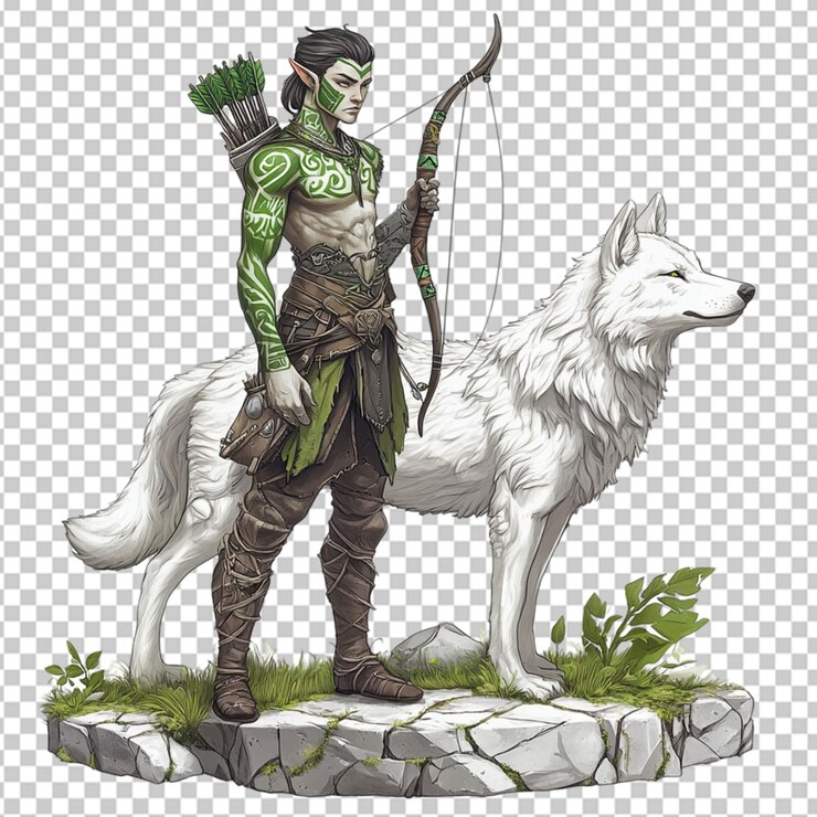 PSD dibujos animados rpg elfo arquero con una cara de lobo blanco en un fondo transparente