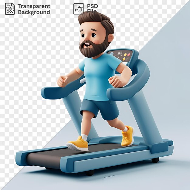 PSD dibujos animados únicos de entrenadores de fitness en 3d que lideran una sesión de entrenamiento dinámico con pantalones cortos azules y zapatos amarillos con cabello negro y marrón y una mano visible en primer plano