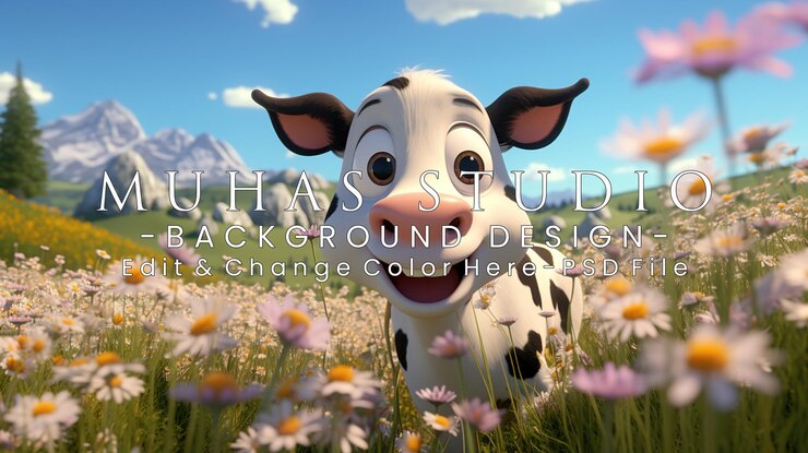 PSD dibujos animados de una vaca lechera en un campo de flores ilustración 3d