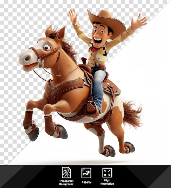 PSD dibujos animados de vaquero en 3d montando un bronco en un rodeo con un sombrero marrón y pantalones vaqueros azules con un caballo marrón y cola en el fondo png