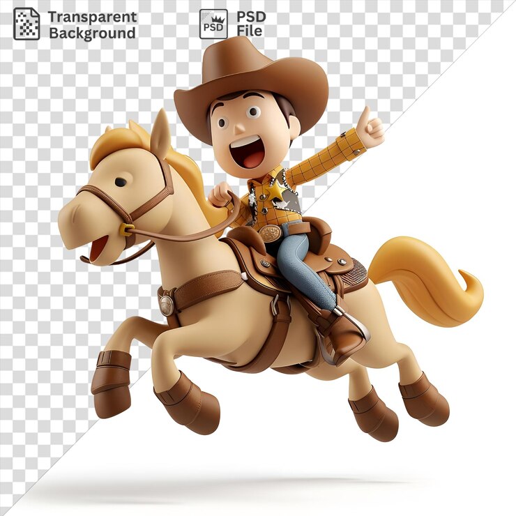 PSD dibujos animados de vaquero en 3d montando un bronco salvaje en un rodeo
