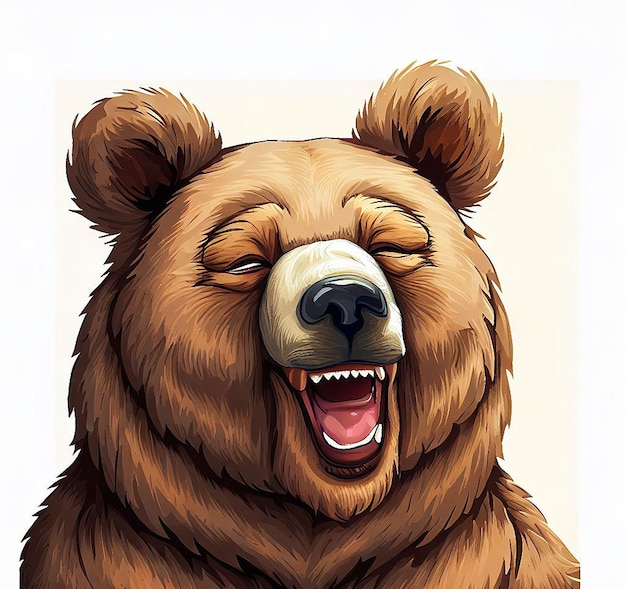 Dibujos cómicos hiperrealistas ilustración de un oso marrón riendo aislado sobre un fondo blanco