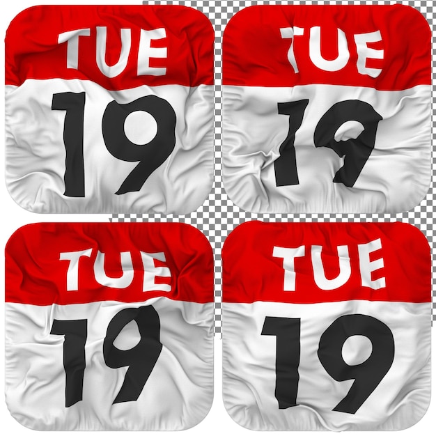 Diciannovesimo 19 martedì data calendario icona isolato quattro stile ondulato Bump Texture 3D rendering