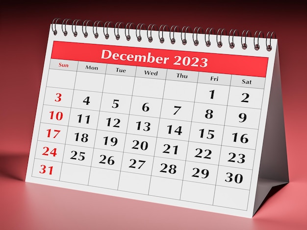 Diciembre de 2023 una página de la mesa de negocios anual calendario mensual renderizado en 3d