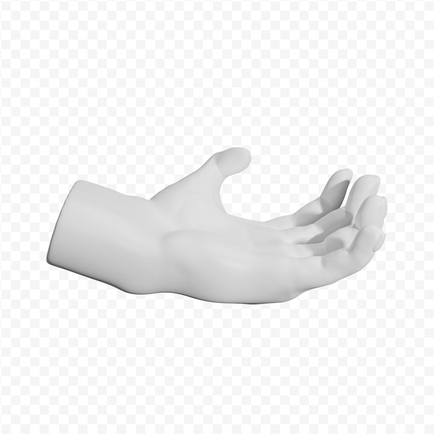 Die 3D-Gipsskulptur einer Hand zeigt ein Winkzeichen, das in hierher übersetzt wurde und eine Einladung anzeigt