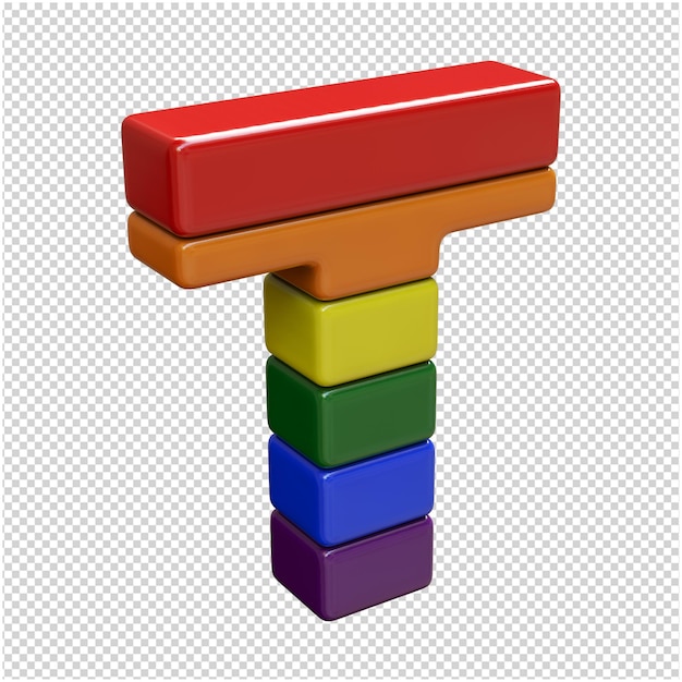 Die Buchstaben aus den Farben der LGBT-Flagge sind nach rechts gedreht. 3D-Buchstabe t