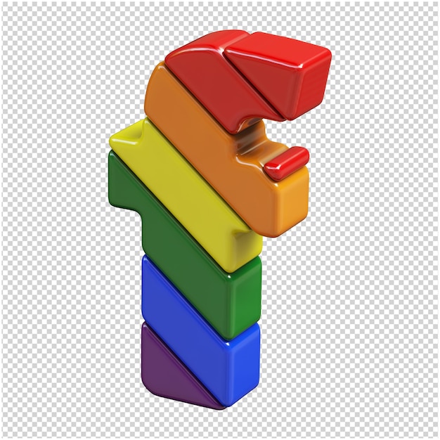 Die Buchstaben in der Farbe der LGBT-Flagge sind nach links gedreht. 3D-Buchstabe f