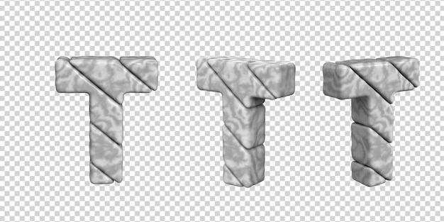 Die Buchstaben sind aus Marmor in verschiedenen Winkeln auf transparentem Hintergrund. 3D-Buchstabe t
