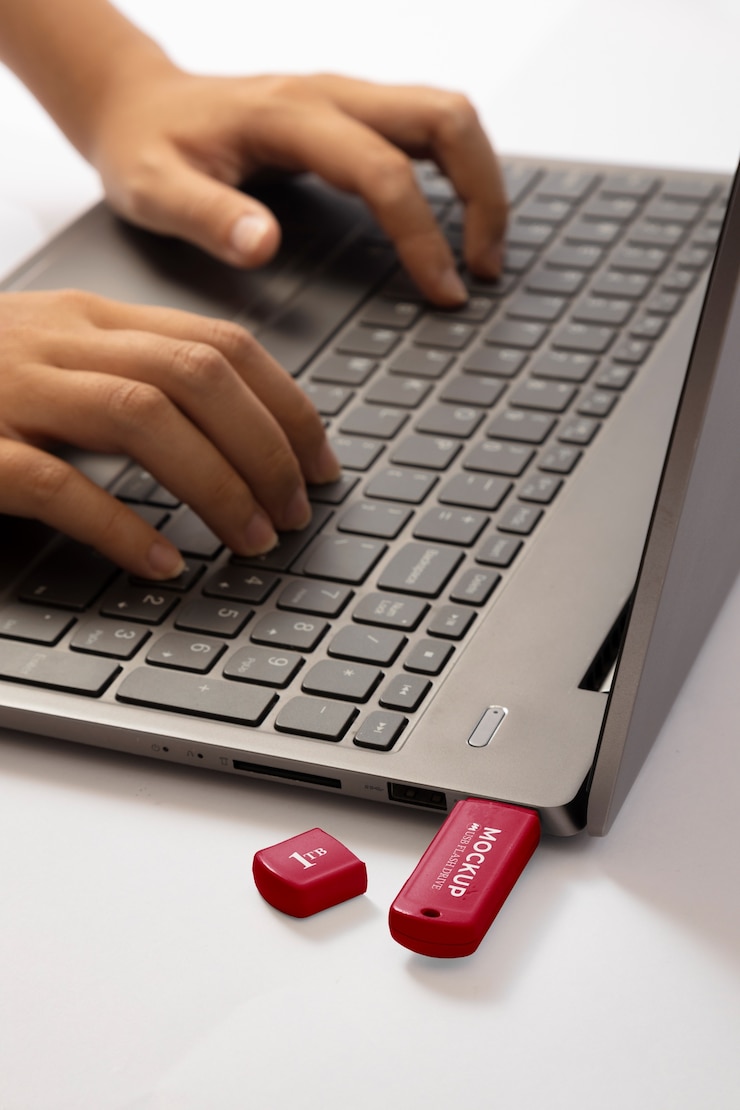 PSD die hände der person, die einen usb-speicherstick halten