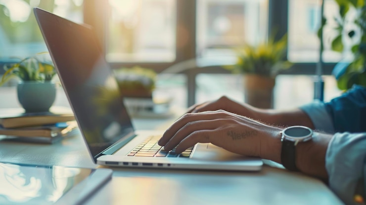 PSD die hände von personen, die am schreibtisch auf dem laptop tippen
