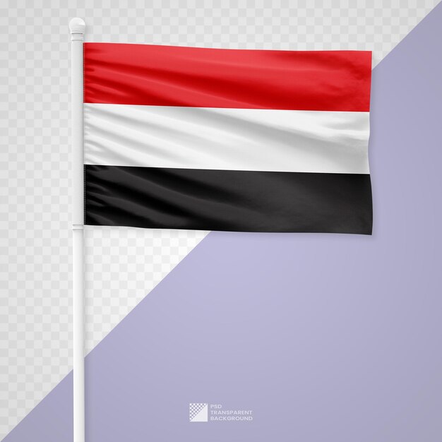 PSD die jemenitische flagge auf einem weißen metallpfahl, der auf einem durchsichtigen hintergrund isoliert ist