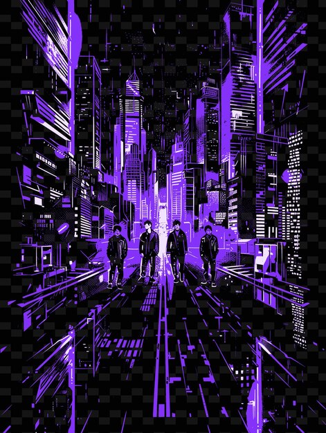 PSD die k-pop-gruppe tritt in einem futuristischen stadtbild mit neon-l-illustrationsmusik-poster-designs auf