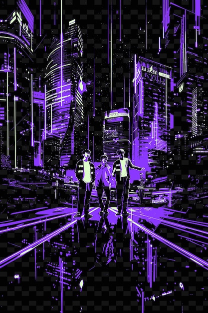 PSD die k-pop-gruppe tritt in einem futuristischen stadtbild mit neon-l-illustrationsmusik-poster-designs auf