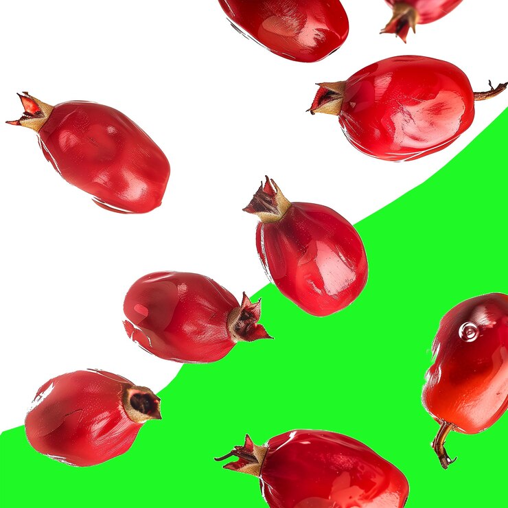 PSD die lebendigen roten rosenhüften fliegen vor einem weißen hintergrund