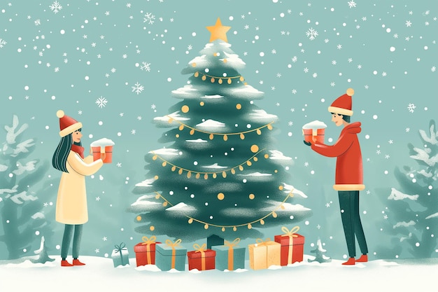 Die Leute feiern Weihnachten mit Geschenken und Weihnachtsbaum Aquarell Illustration