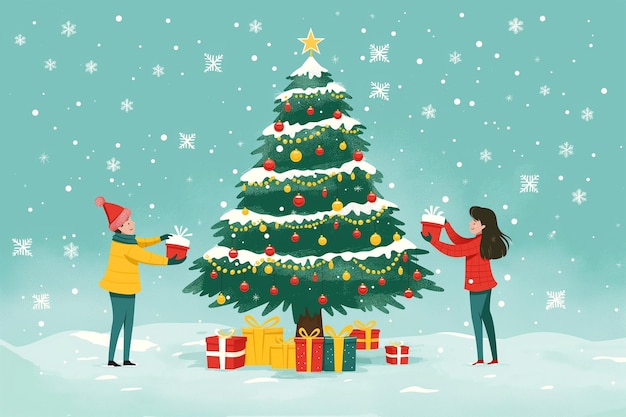Die Leute feiern Weihnachten mit Geschenken und Weihnachtsbaum Aquarell Illustration