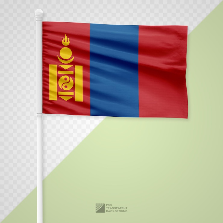 PSD die mongolische flagge auf einem weißen metallpfahl, der auf einem durchsichtigen hintergrund isoliert ist