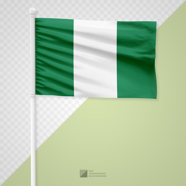 PSD die nigerianische flagge auf einem weißen metallpfahl, der auf einem durchsichtigen hintergrund isoliert ist