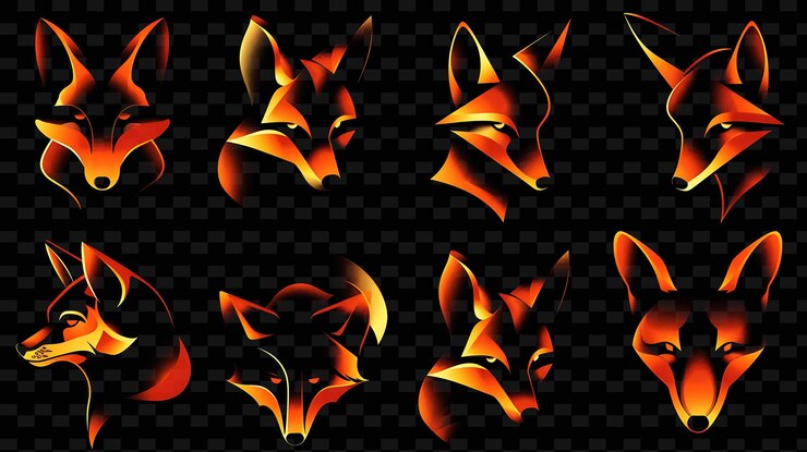 PSD die reihe orangefarbener und gelber fuchsgesichter auf schwarzem hintergrund